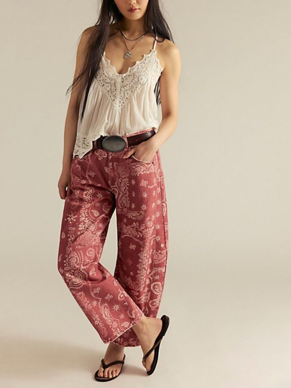 Free People Red Pink Bandana print Jeans